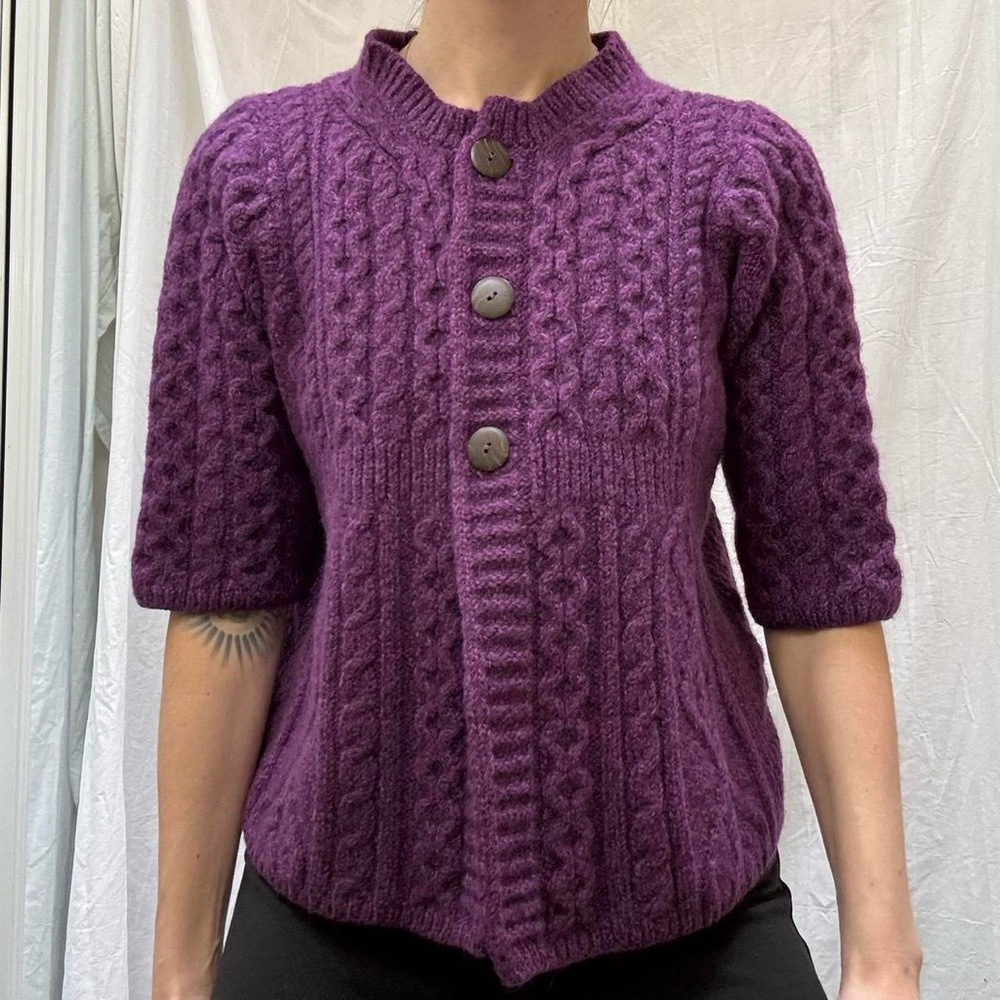 Purple Plum‎ Wool Short Sleeve Cableknit Cardigan Made in Ireland